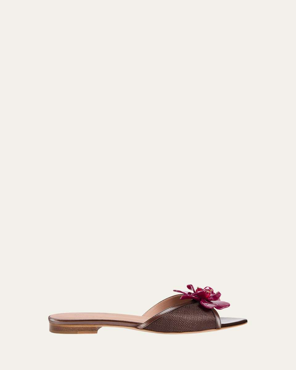 Crystal Flower Raffia Leather Mule Sandals
